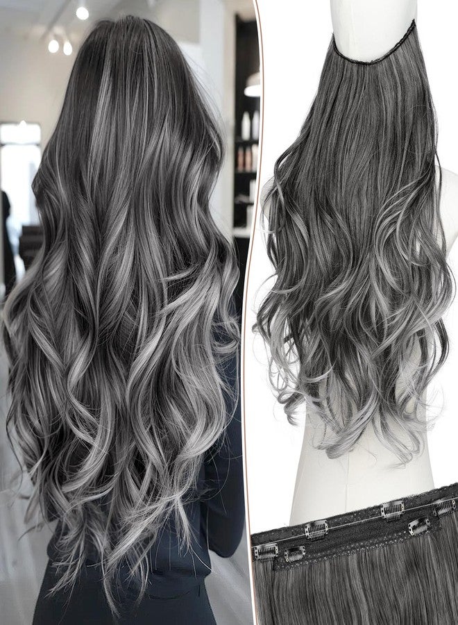 KooKaStyle Invisible Wire Hair Extensions Long Wavy Layered Synthetic Hair Extensions with Transparent Wire Adjustable Size 6 Secure Clips Grey/Sliver Mixed Hairpieces for Women 20 Inch - Image 1